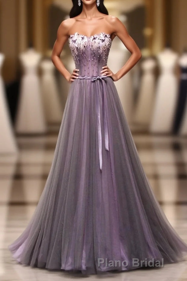 Pruple Tulle Sweetheart Neck Long Formal Prom Dresses, Evening Dresses Main image