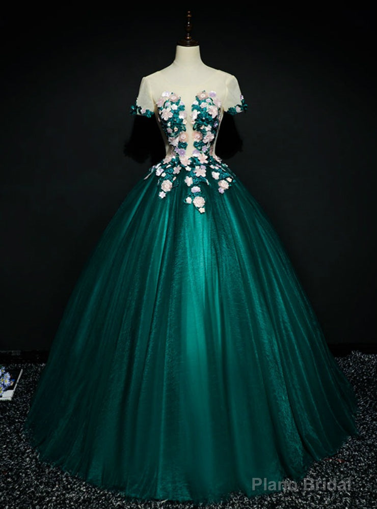 Wear a Classic Green Ball Gown Tulle Short Sleeve Appliques Quinceanera Dress Main image