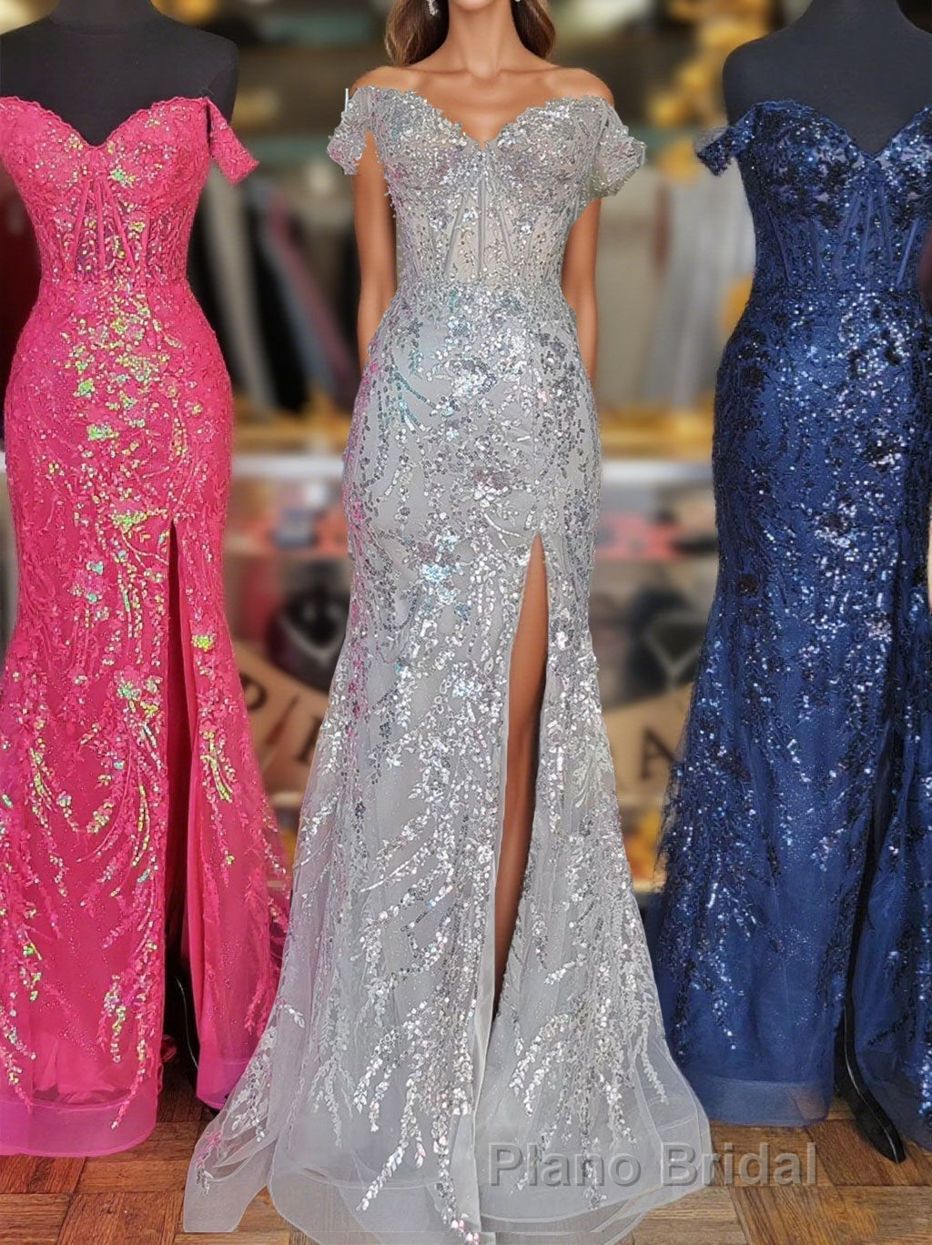 Fuchsia Off-Shoulder Sequined Floral Mermaid Long Formal Prom Dresses with Slit Main image