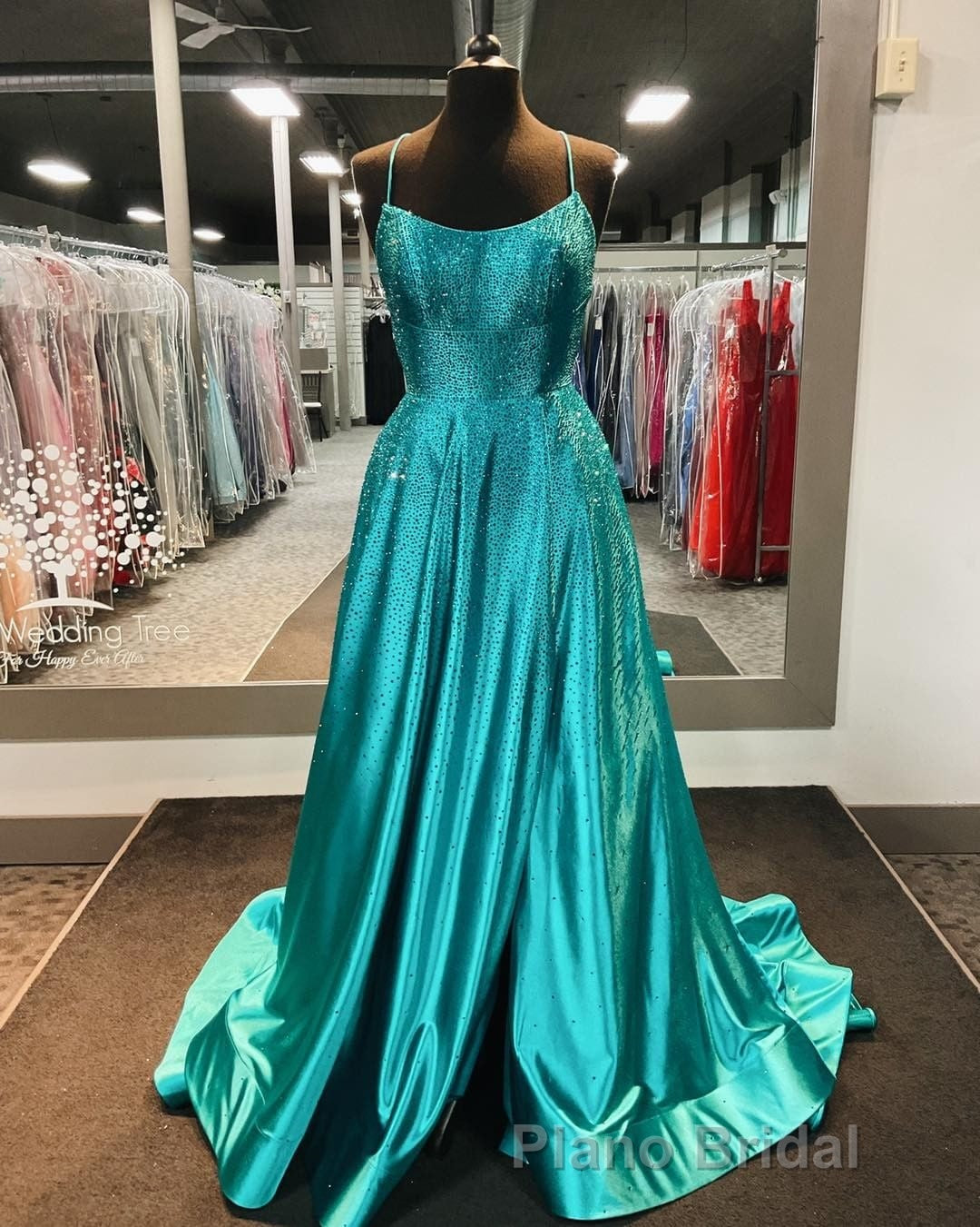 Spaghetti Straps Beaded Teal Blue A-line Long Prom Dresses Secondary image