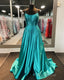 Spaghetti Straps Beaded Teal Blue A-line Long Prom Dresses