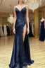 Dark Blue V Neck Satin Lace Long Formal Prom Dresses, Dark Blue Lace Long Evening Dresses