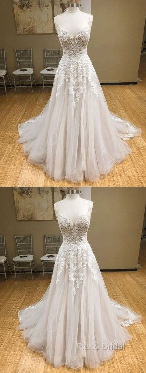 Wh V Neck Tulle Long Formal Prom Dresses, Lace Formal Dresses, White Lace Wedding Dresses