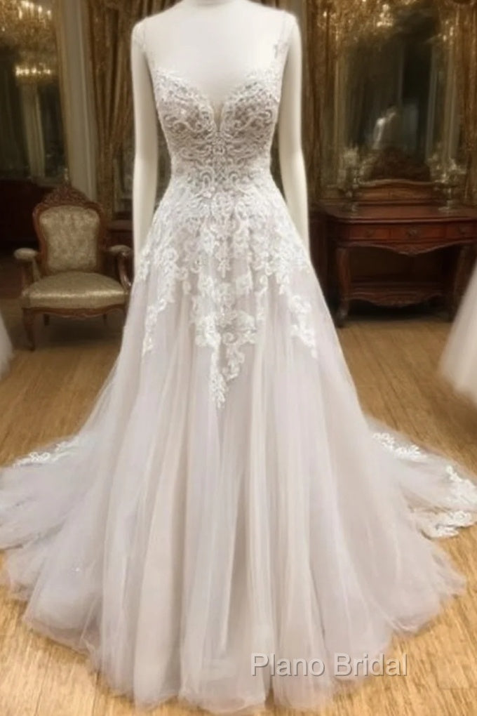 Wh V Neck Tulle Long Formal Prom Dresses, Lace Formal Dresses, White Lace Wedding Dresses Main image