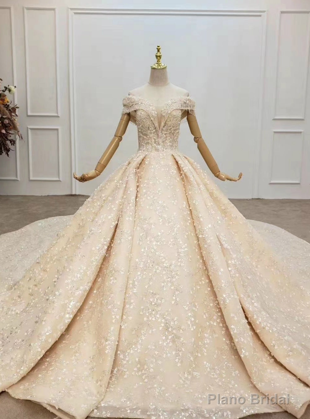 Whether You Are Looking For Luxury Champagne Ball Gown Tulle Sequins Appliques Off the Shoulder Wedding Dress