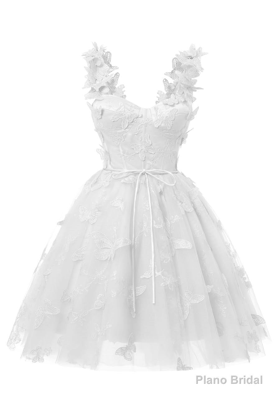 White 3D Butterfly Lace Applique Tulle Homecoming Dress for Teens Sweetheart Mini Short Prom Dresses Main image