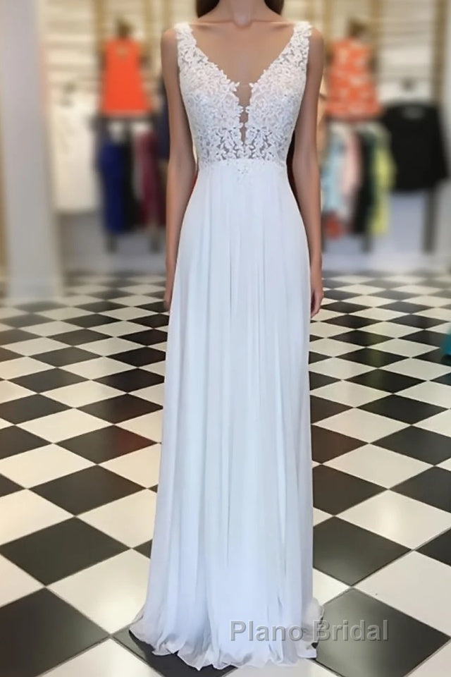 White A-line chiffon lace long Formal Prom dress, white bridesmaid dress