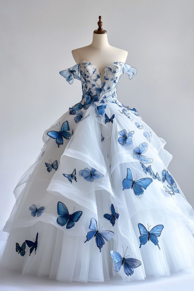 White A-Line Fairytale Tulle  Long Formal Prom Dresses With 3D Butterfly Off-The-Shoulder Formal Evening Gown For Birthday&Quinceanera