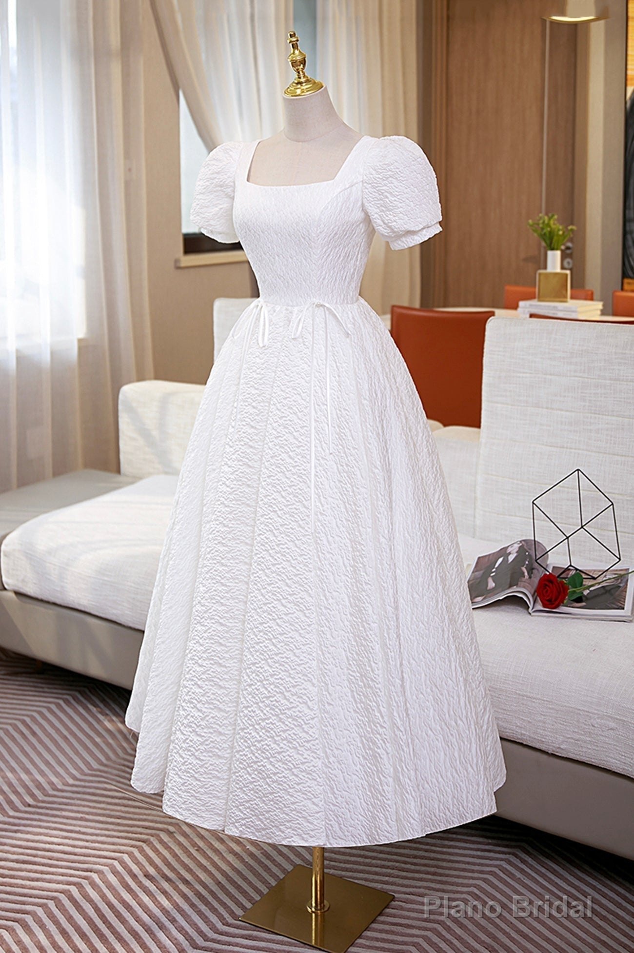 White A-Line Homecoming Dress, Cute Short Sleeve Evening Dress Secondary image
