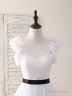 White A-Line Lace Tulle Long Prom Dress, White Evening Dress