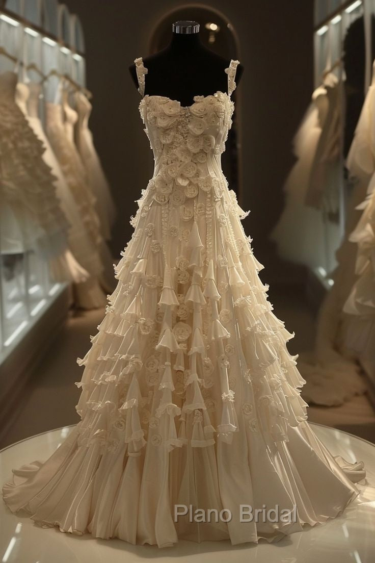 White A-Line Spaghetti Straps Chiffon Satin Long Wedding Dresses With Beaded Appliques Simple Formal Prom Dresses