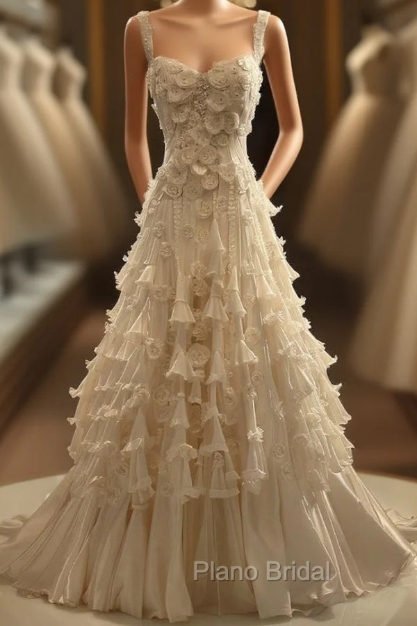 White A-Line Spaghetti Straps Chiffon Satin Long Wedding Dresses With Beaded Appliques Simple Formal Prom Dresses Main image
