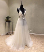White A-Line Tulle Lace Long Formal Prom Dresses, White Wedding Dresses