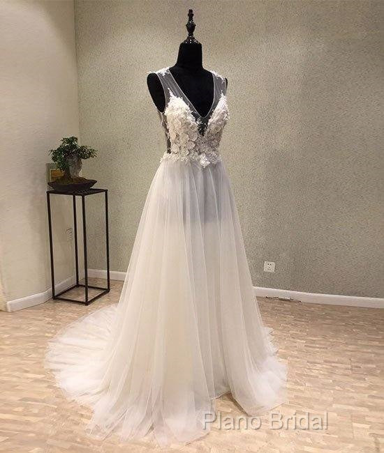White A-Line Tulle Lace Long Formal Prom Dresses, White Wedding Dresses