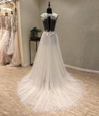 White A-Line Tulle Lace Long Formal Prom Dresses, White Wedding Dresses
