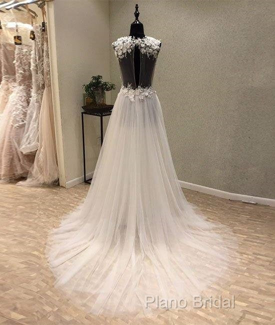 White A-Line Tulle Lace Long Formal Prom Dresses, White Wedding Dresses