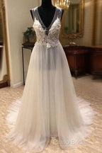 White A-Line Tulle Lace Long Formal Prom Dresses, White Wedding Dresses