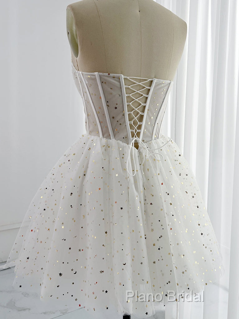 White A-Line Tulle Star Short Formal Prom Dresses, White Cute Homecoming Dresses