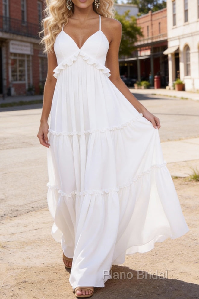White A-line V Neck Sleeveless Floor-Length Chiffon Prom Dress Long Prom Dresses Backless with Pleated Ruffles