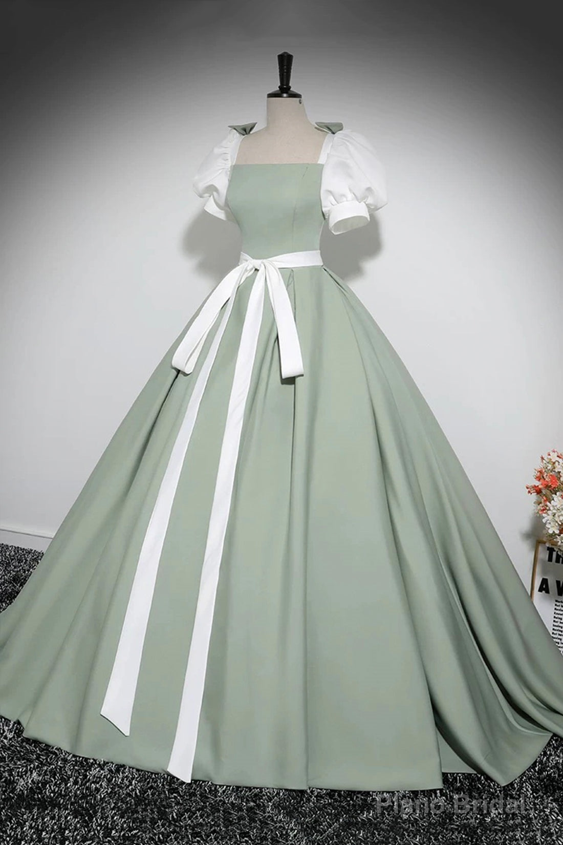 White and Green Floor Length Prom Dress, Lovely A-Line Short Sleeve Evening Party Dress Secondary image
