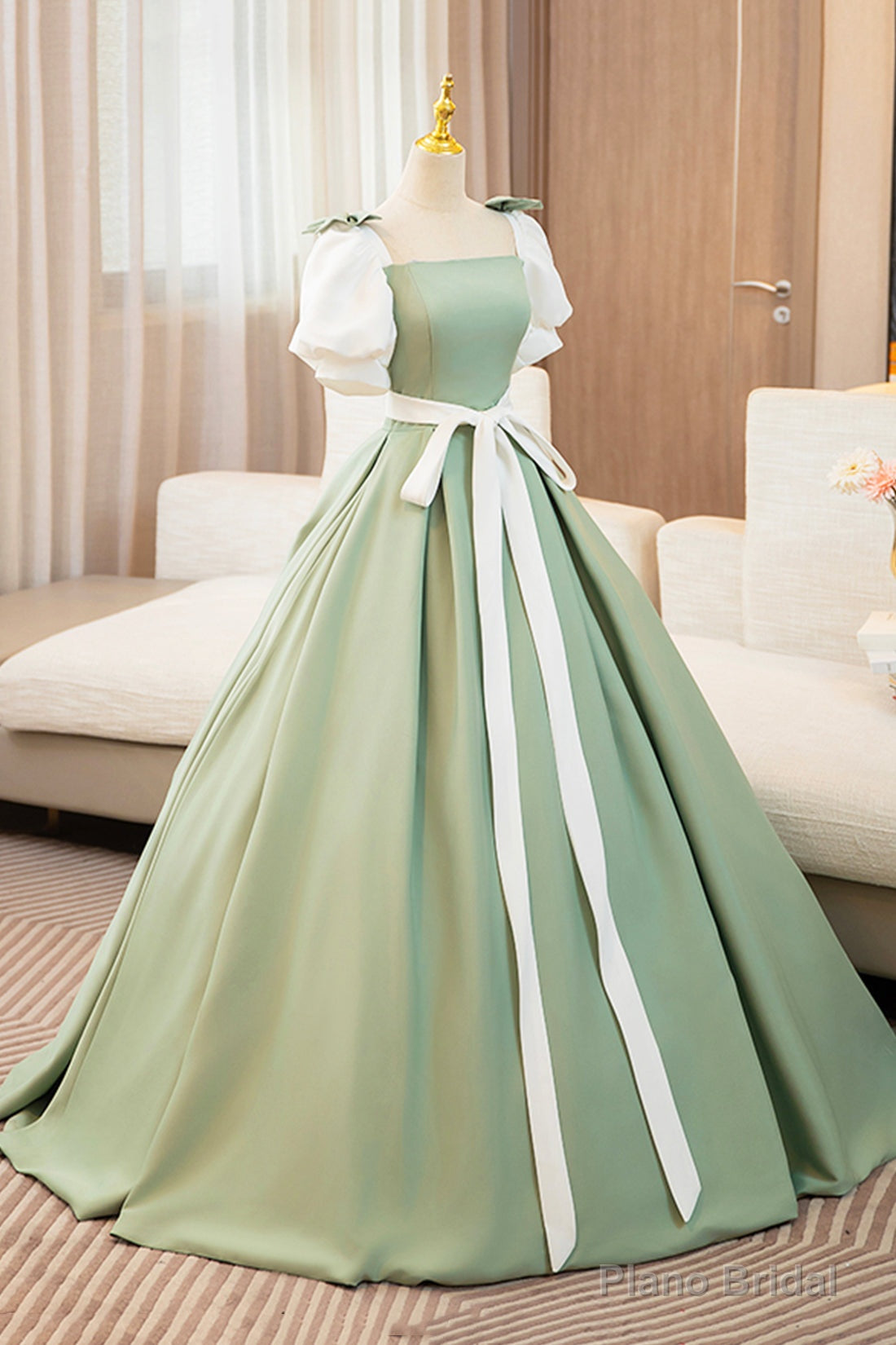 White and Green Long Prom Dress, Lovely A-Line Short Sleeve Evening Party Dress Secondary image