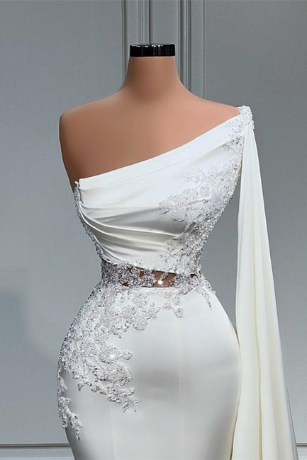 White Asymmetric One Shoulder Mermaid Stretch Satin Evening Prom Dresses Secondary image