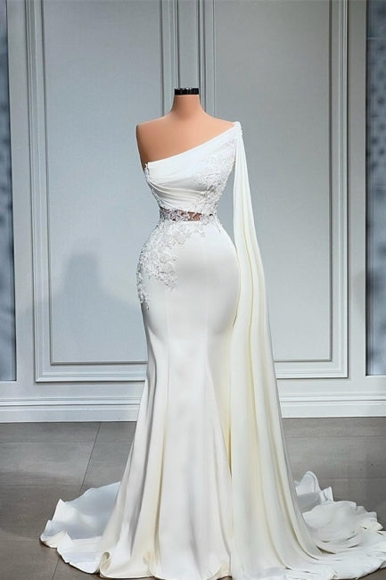 White Asymmetric One Shoulder Mermaid Stretch Satin Evening Prom Dresses Main image