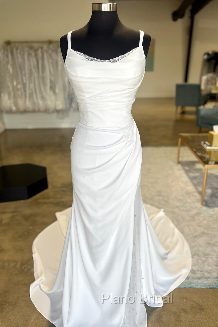 White Backless Ruched Wedding Dresses With Detachable Sleeves Open Back Secondary image