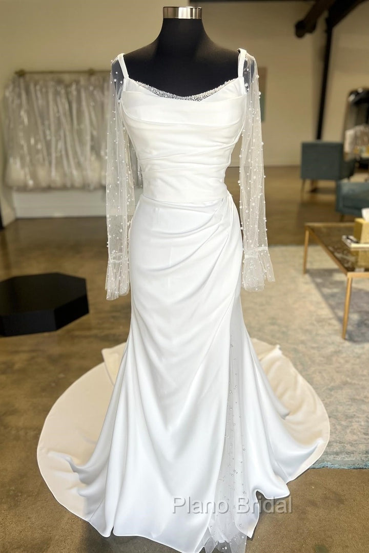 White Backless Ruched Wedding Dresses With Detachable Sleeves Open Back