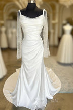 White Backless Ruched Wedding Dresses With Detachable Sleeves Open Back