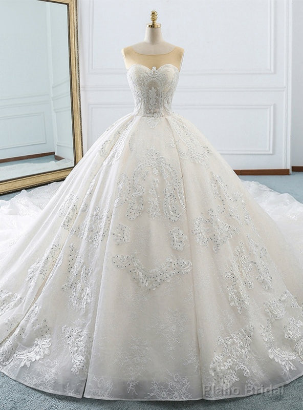 White Ball Gown Appliques Bateau Backless Wedding Dress With Train Main image