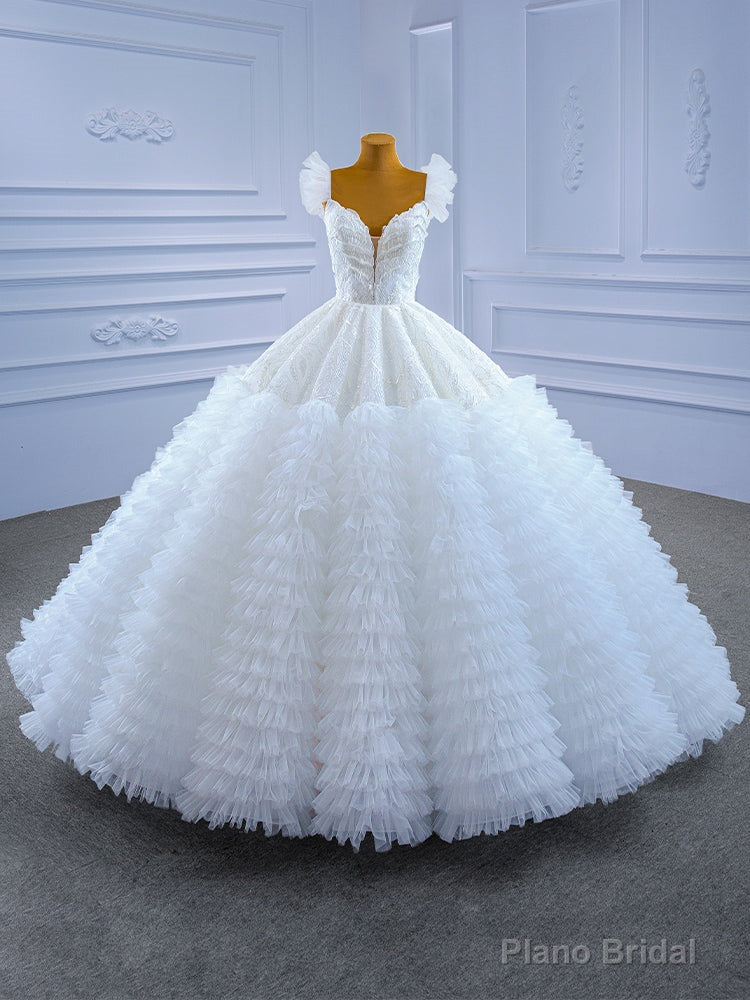 White Ball Gown Puff Lace Sequins Tiers Wedding Dress Main image