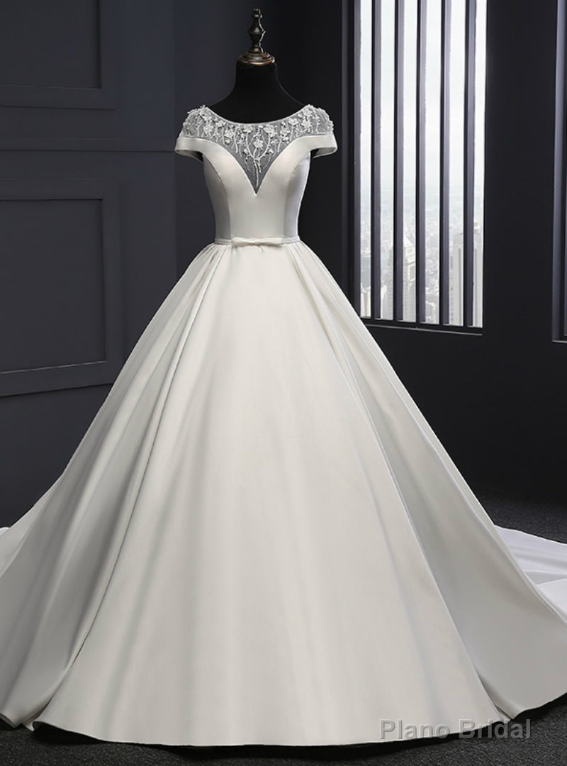 White Ball Gown Satin Cap Sleeve With Beading Wedding Dress Main image