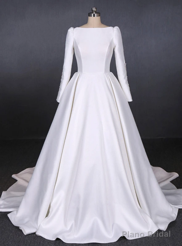 White Ball Gown Satin Long Sleeve Backless Wedding Dress Main image