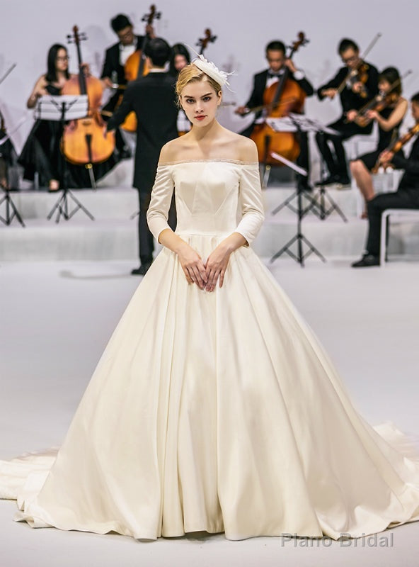 White Ball Gown Satin Off The Shoulder Long Sleeve Wedding Dress Main image