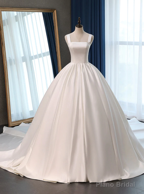 White Ball Gown Satin Straps Sleeveless Wedding Dress With Train Main image