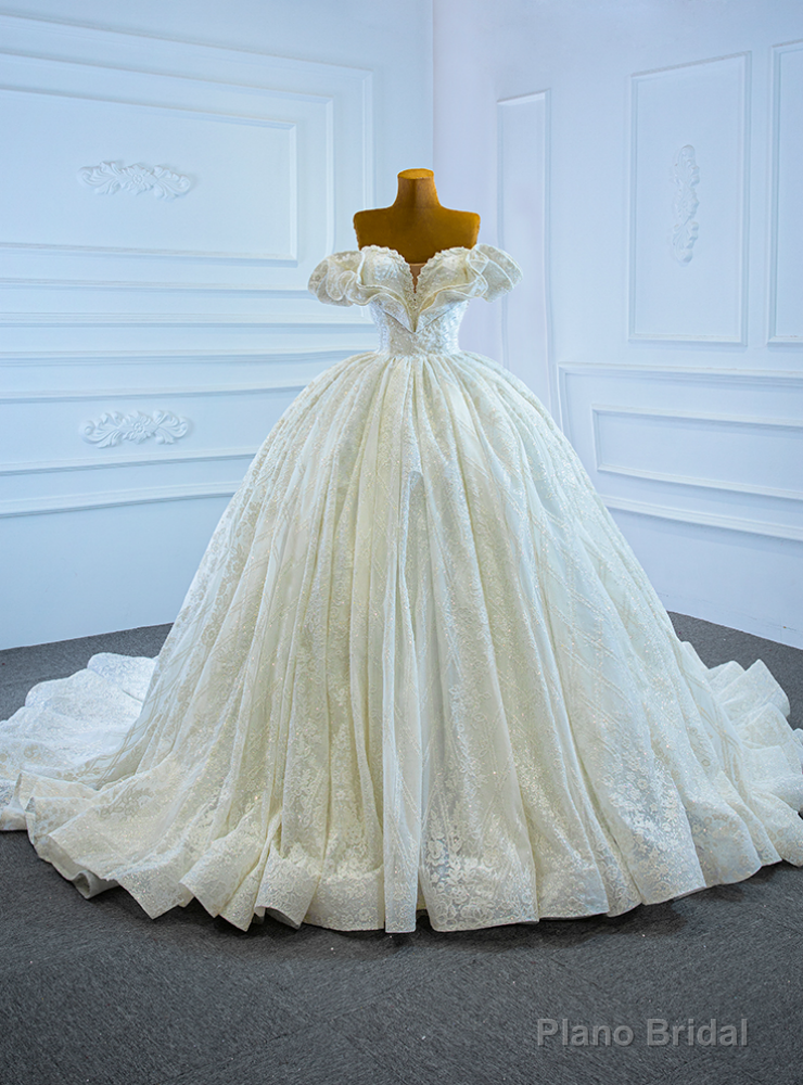 White Ball Gown Sequins Off the Shoulder Pearl Wedding Dress Main image