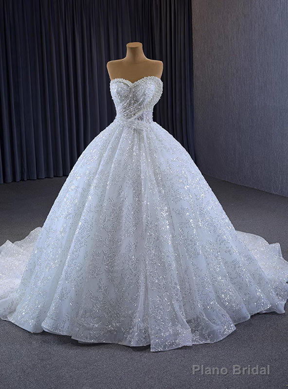 White Ball Gown Sequins Sweetheart Pearls Wedding Dress Main image