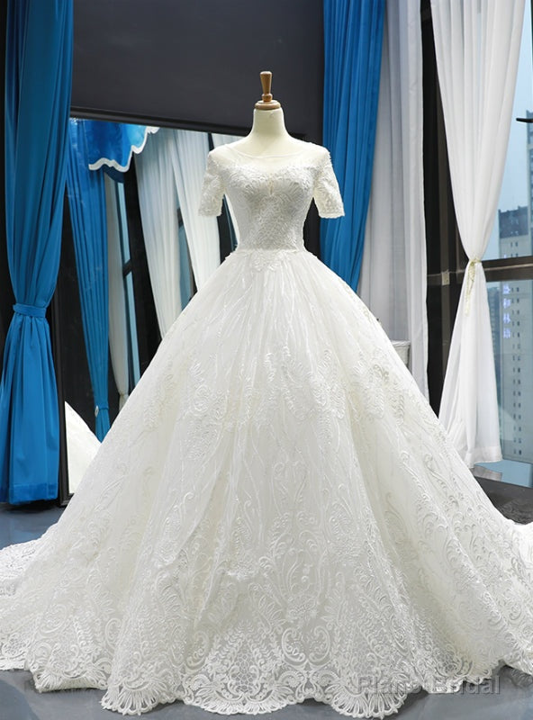 White Ball Gown Tulle Appliques Short Sleeve Wedding Dress With Train Main image