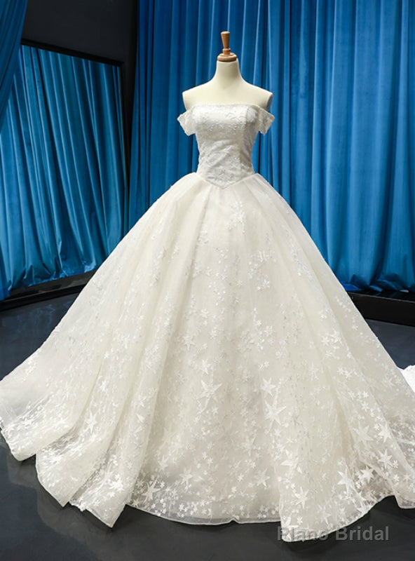 White Ball Gown Tulle Embroidery Off the Shoulder Wedding Dress Main image