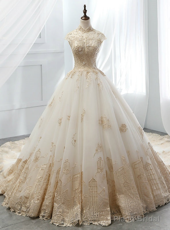 White Ball Gown Tulle Gold Lace Appliques High Neck Wedding Dress Main image