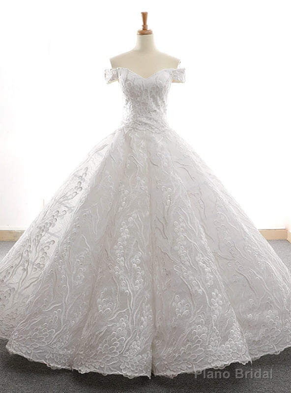 White Ball Gown Tulle Lace Appliques Off the Shoulder Prom Dress Main image