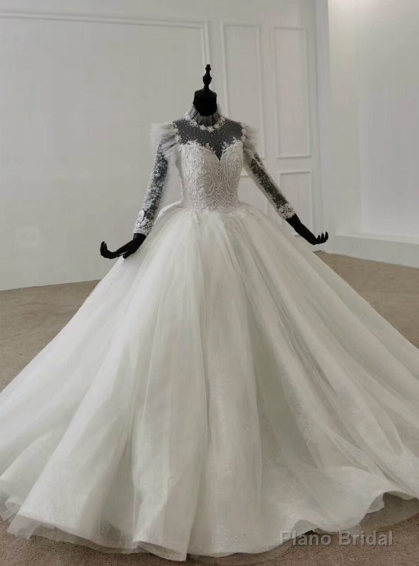 White Ball Gown Tulle Long Sleeve Beading Floor Length Wedding Dress Main image