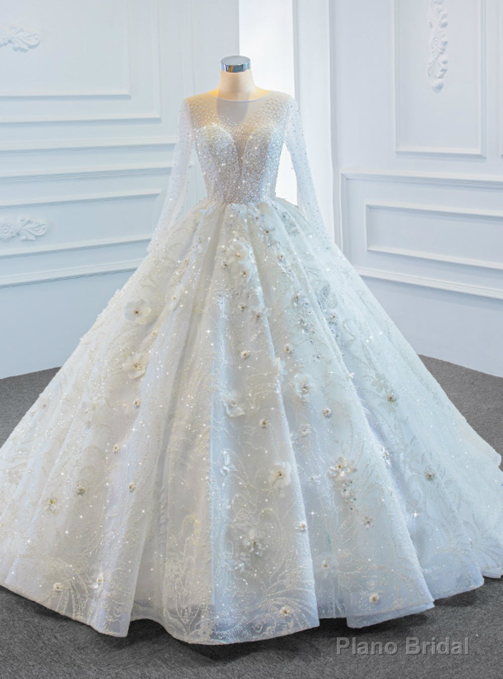 White Ball Gown Tulle Long Sleeve Beading Sequins 3D Flower Wedding Dress Main image
