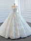 White Ball Gown Tulle Long Sleeve Beading Sequins 3D Flower Wedding Dress