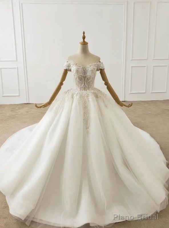 White Ball Gown Tulle Off the Shoulder Beading Wedding Dress Main image