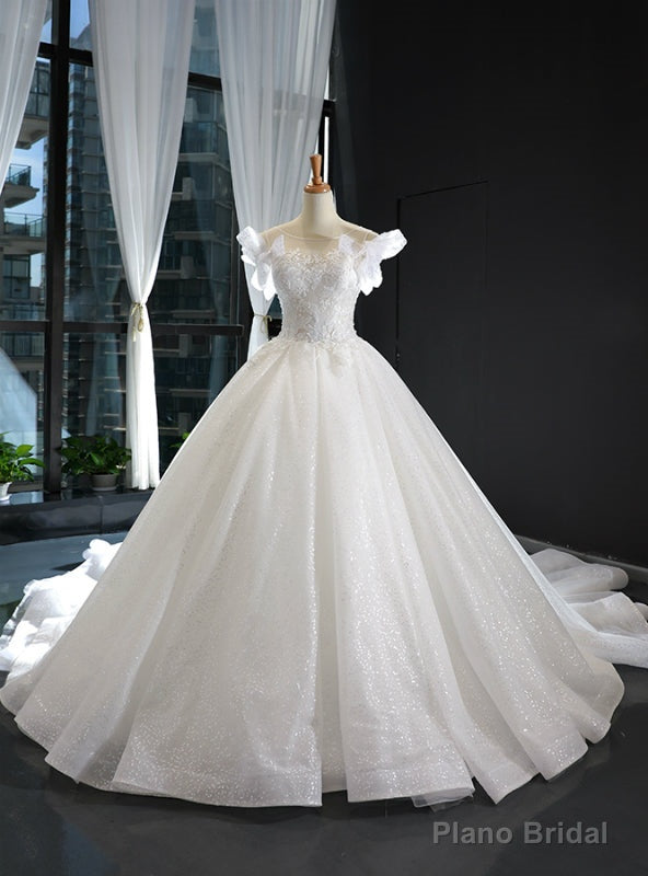 White Ball Gown Tulle Sequins Appliques Backless Wedding Dress