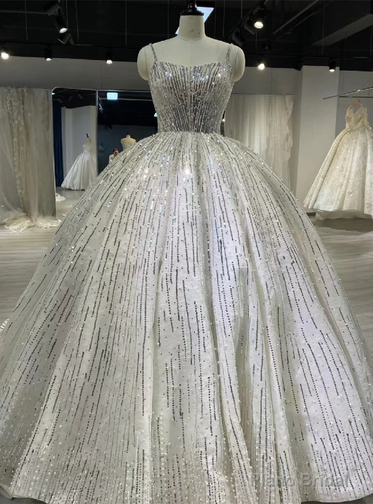 White Ball Gown Tulle Sequins Beading Straps Wedding Dress Main image