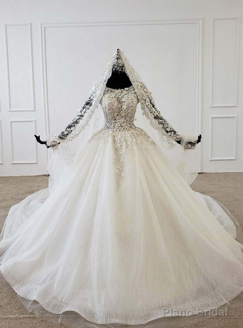 White Ball Gown Tulle Sequins Cap Sleeve Appliques Beading Wedding Dress