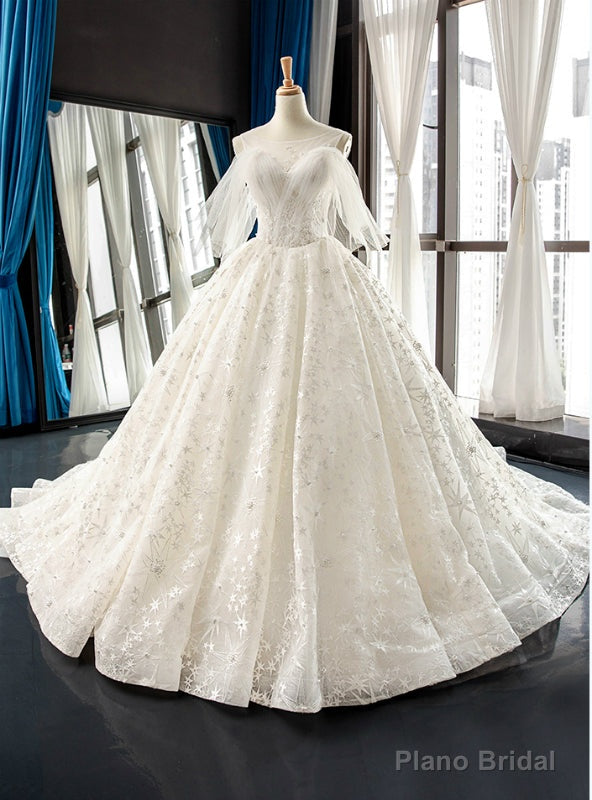 White Ball Gown Tulle Star Embrodiery Lace Backless Wedding Dress